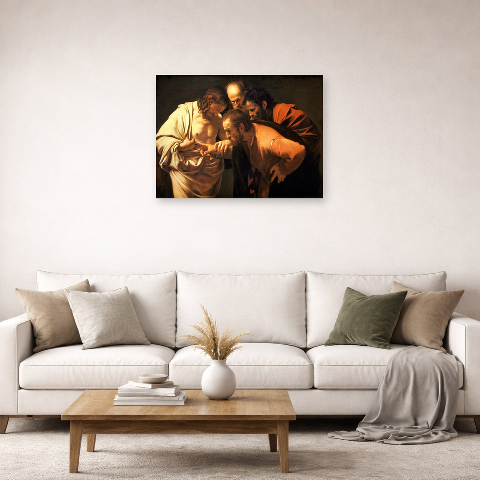 Unframed poster print of Caravaggio's 'Doubting of St.Thomas' displayed on a wall in a living room