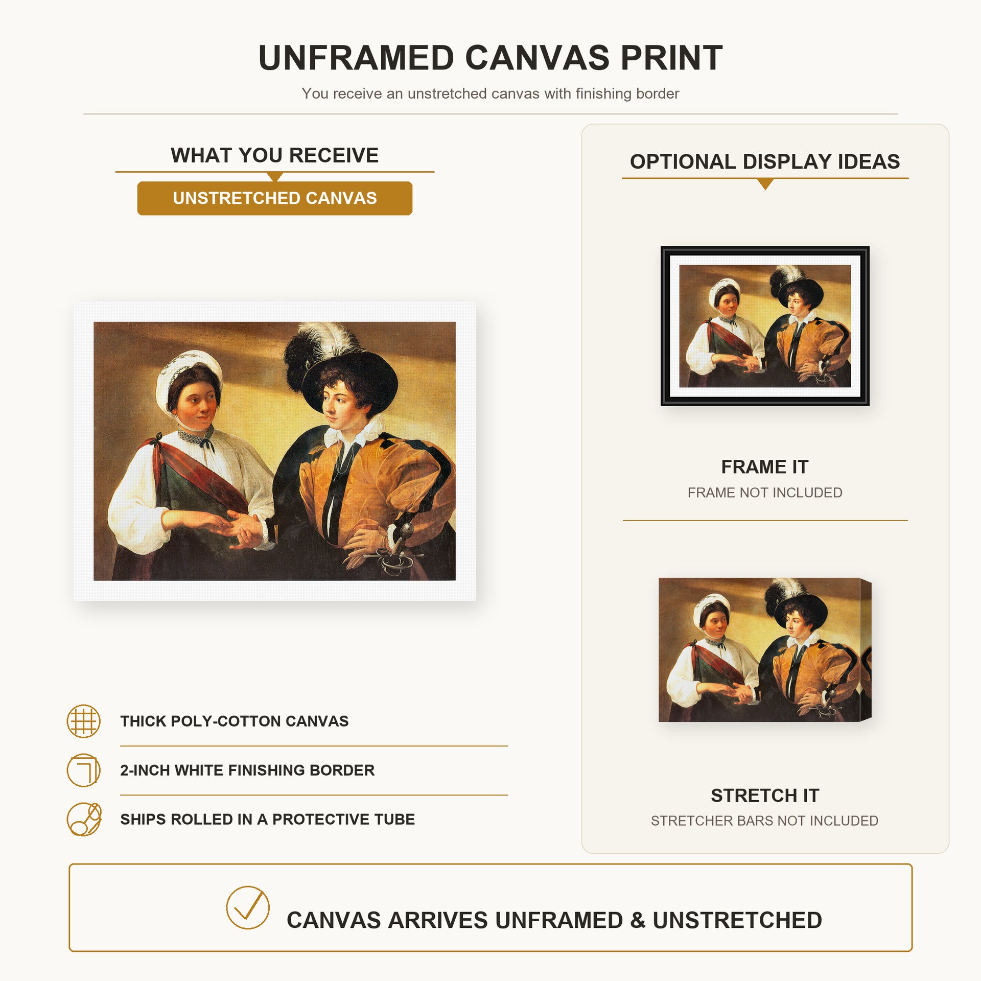 Caravaggio - Fortune Teller canvas print size comparison and framing display infographic