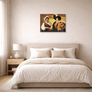 Gallery-wrapped canvas print of Caravaggio's 'Fortune Teller' displayed on a wall in a bedroom