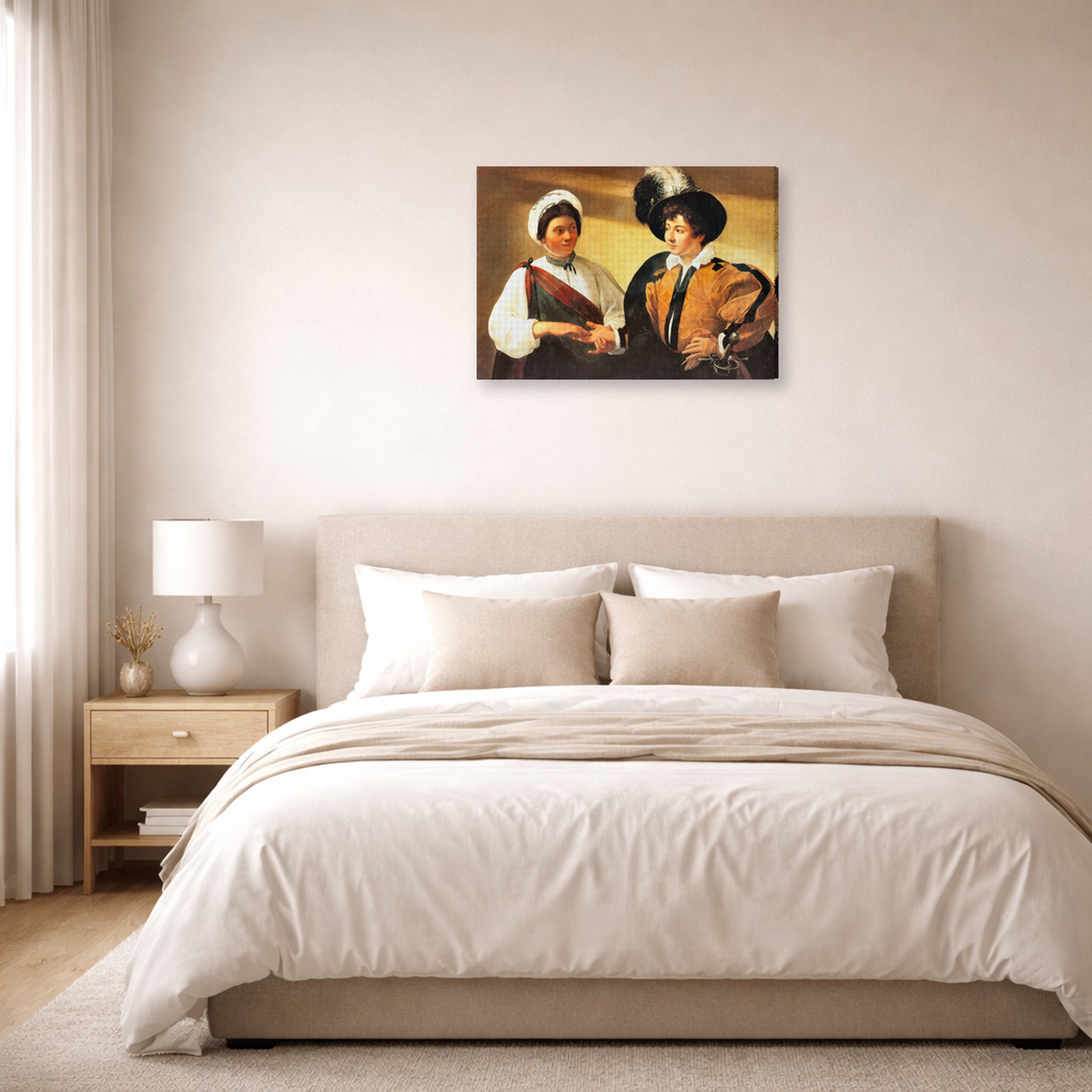Gallery-wrapped canvas print of Caravaggio's 'Fortune Teller' displayed on a wall in a bedroom