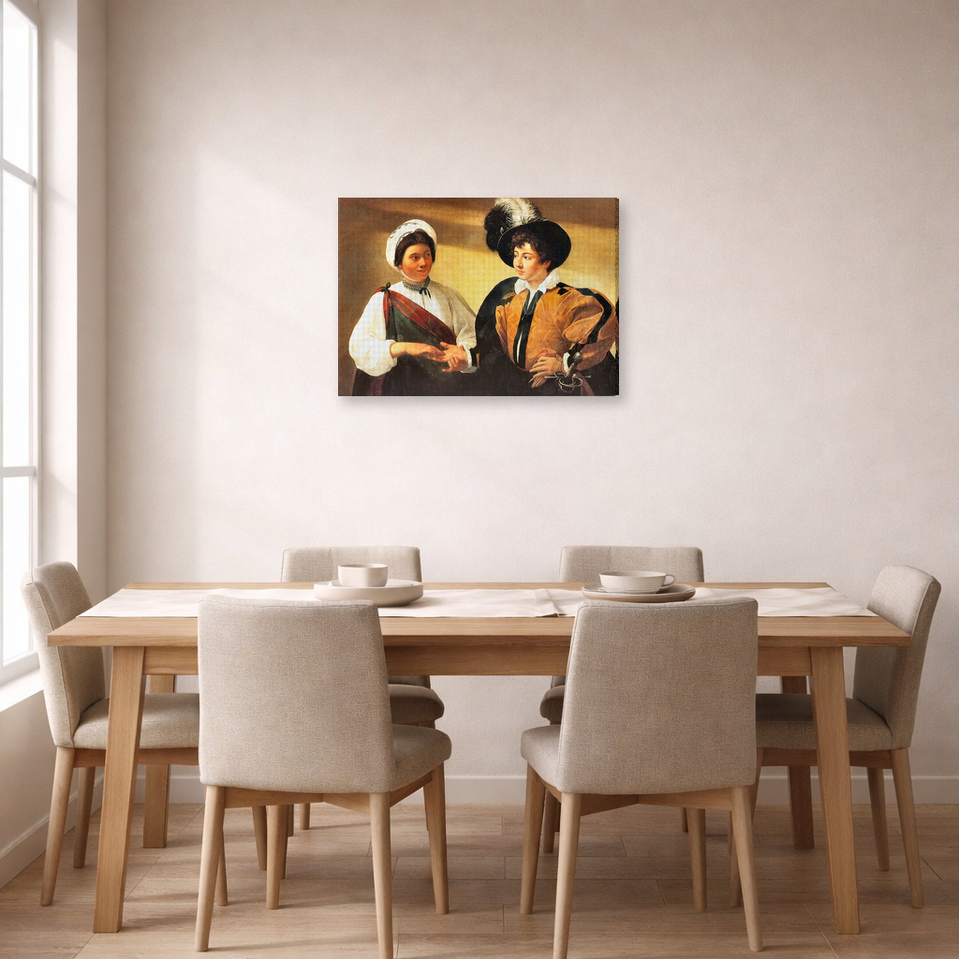 Gallery-wrapped canvas print of Caravaggio's 'Fortune Teller' displayed on a wall in a dining room