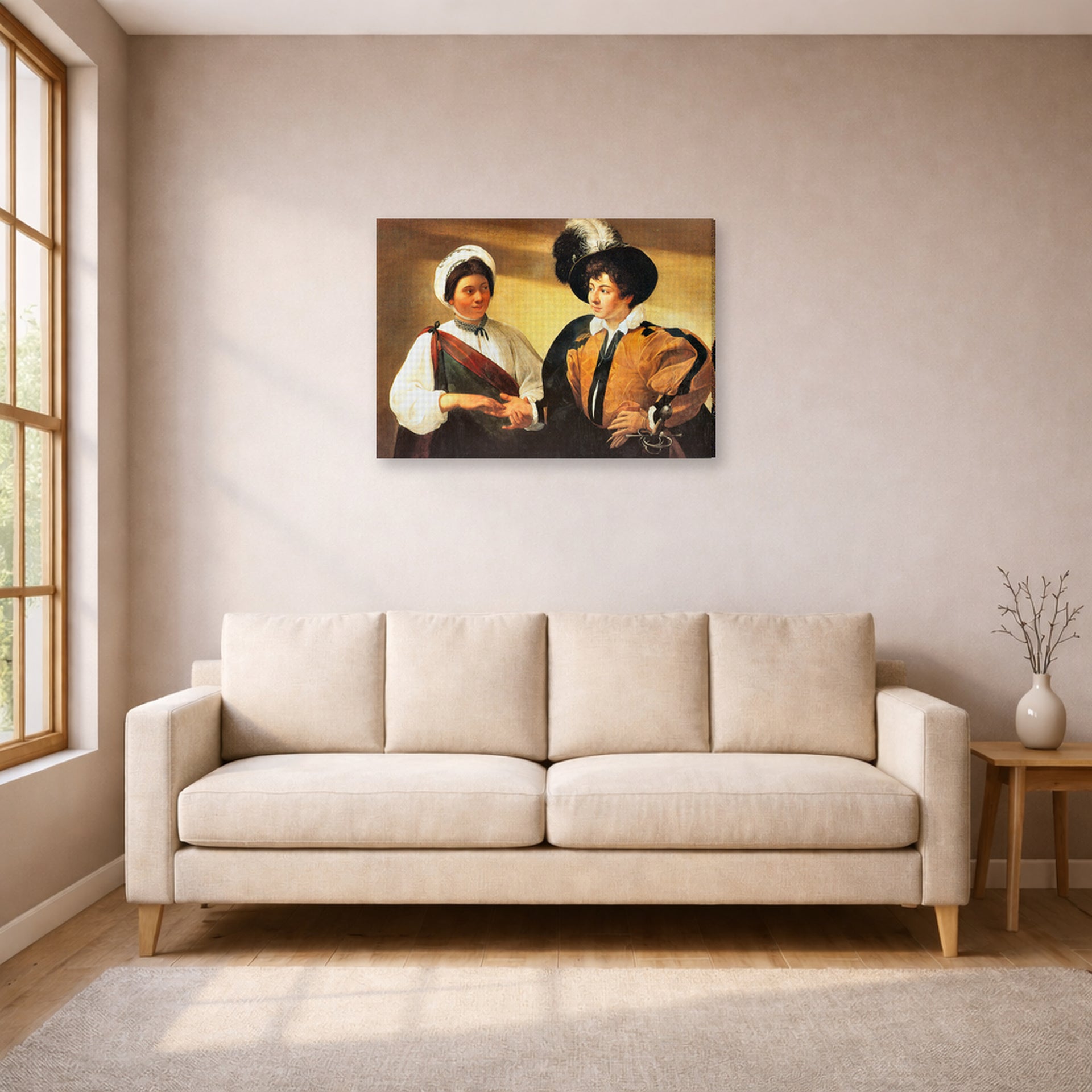 Gallery-wrapped canvas print of Caravaggio's 'Fortune Teller' displayed on a wall in a living room