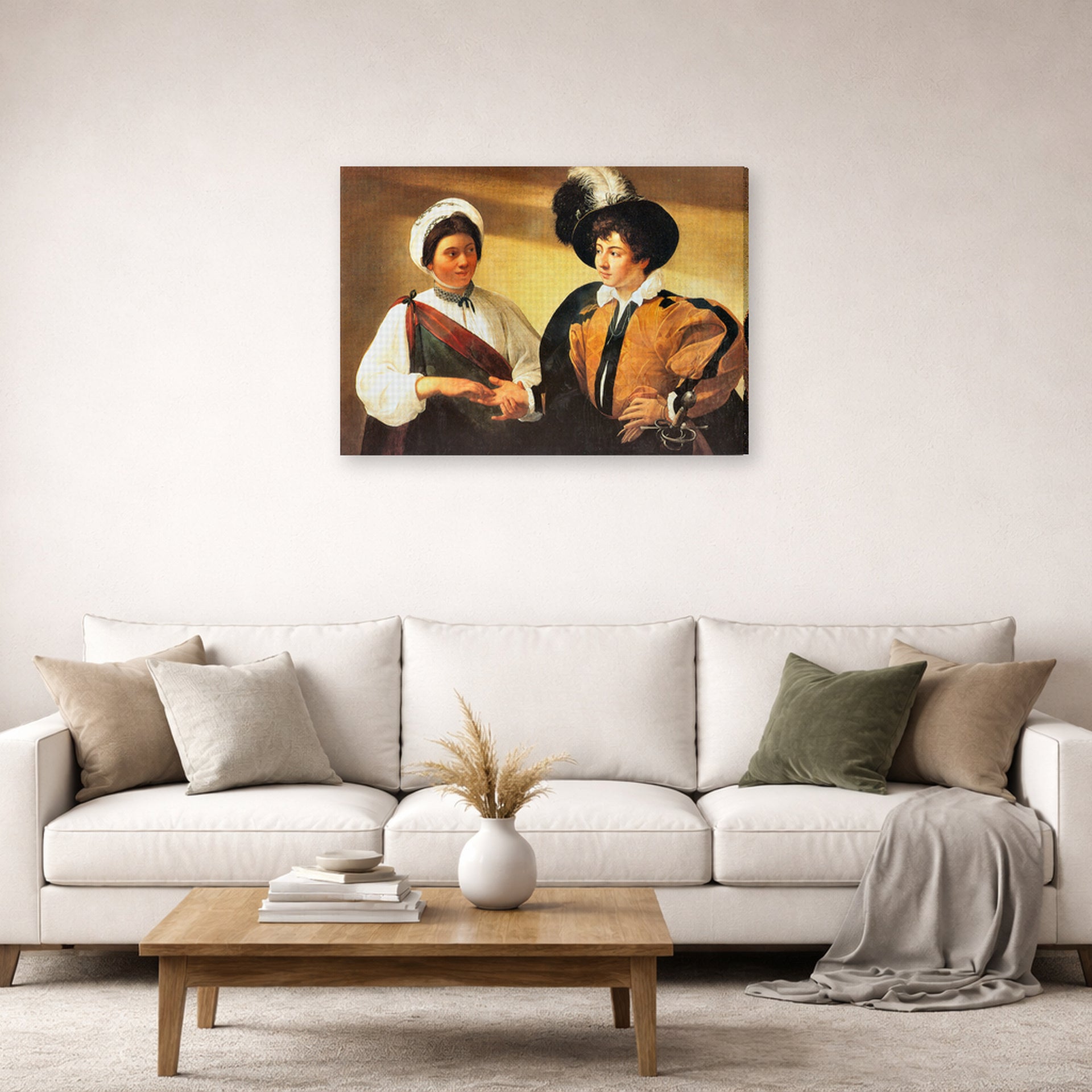 Gallery-wrapped canvas print of Caravaggio's 'Fortune Teller' displayed on a wall in a living room