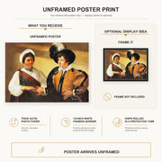 Caravaggio - Fortune Teller poster print size comparison and framing display infographic