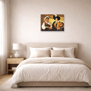 Unframed poster print of Caravaggio's 'Fortune Teller' displayed on a wall in a bedroom