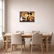 Unframed poster print of Caravaggio's 'Fortune Teller' displayed on a wall in a dining room