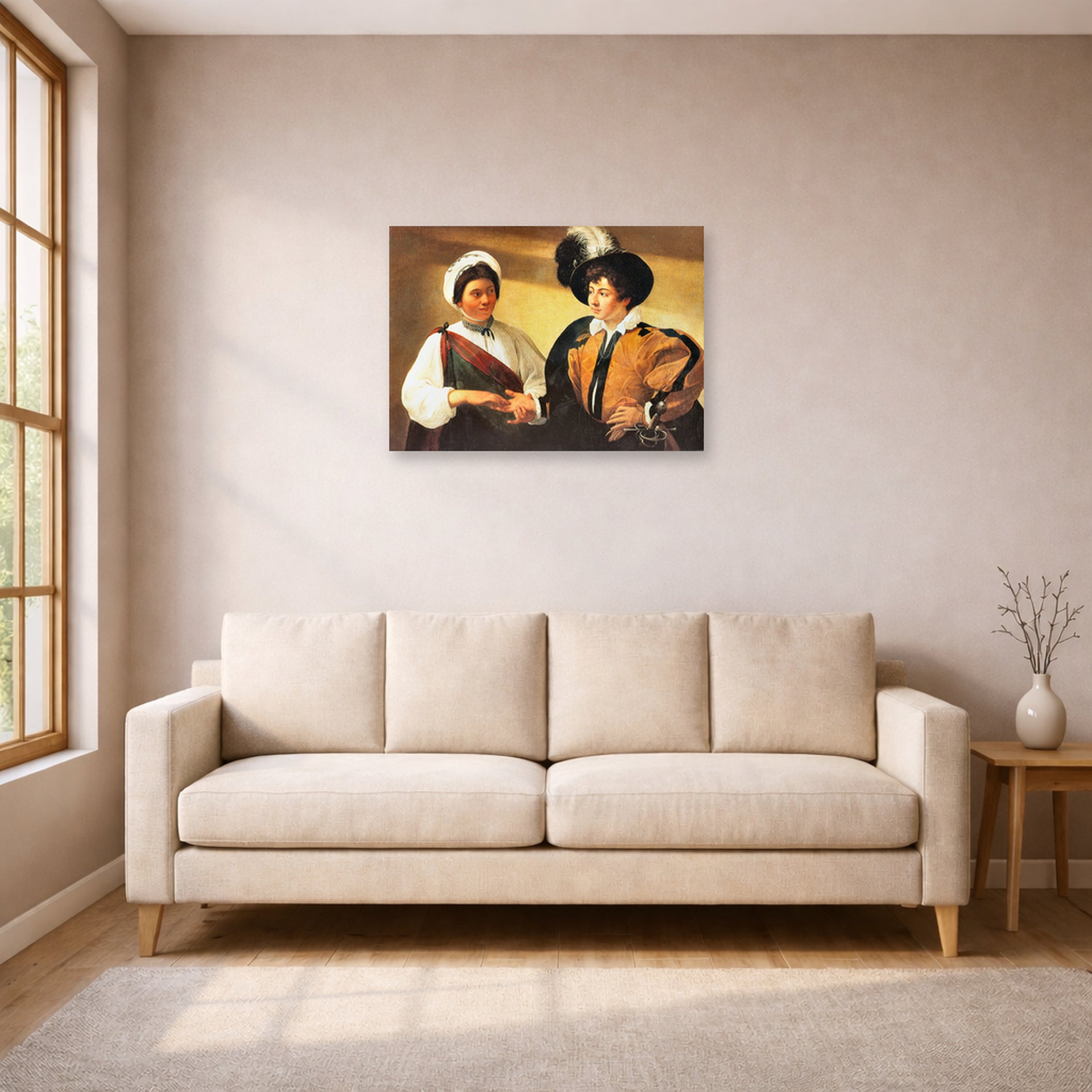 Unframed poster print of Caravaggio's 'Fortune Teller' displayed on a wall in a living room