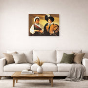 Unframed poster print of Caravaggio's 'Fortune Teller' displayed on a wall in a living room