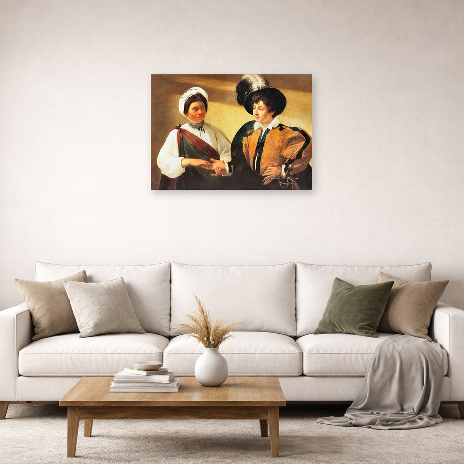 Unframed poster print of Caravaggio's 'Fortune Teller' displayed on a wall in a living room