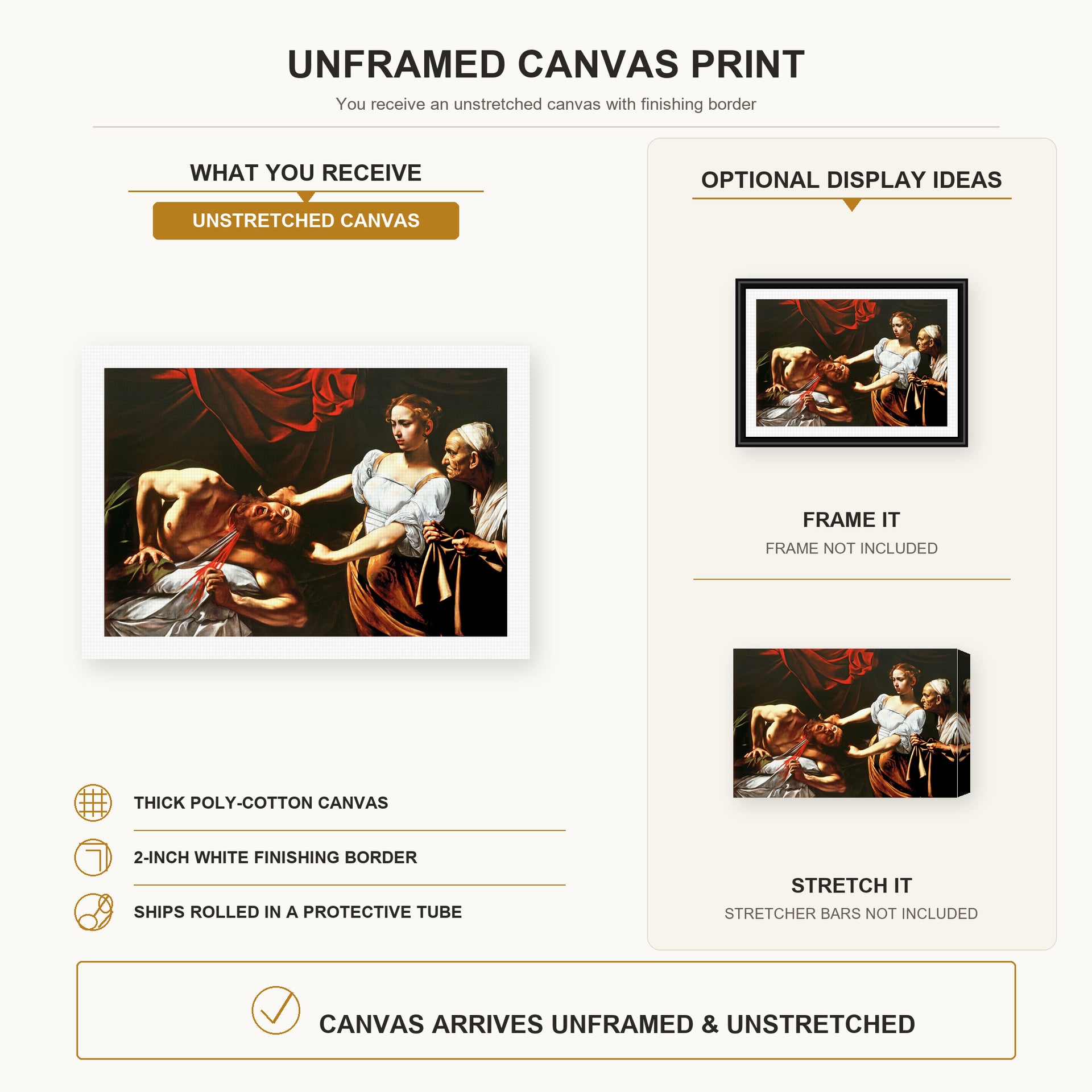 Caravaggio - Judith Beheading Holofernes canvas print size comparison and framing display infographic