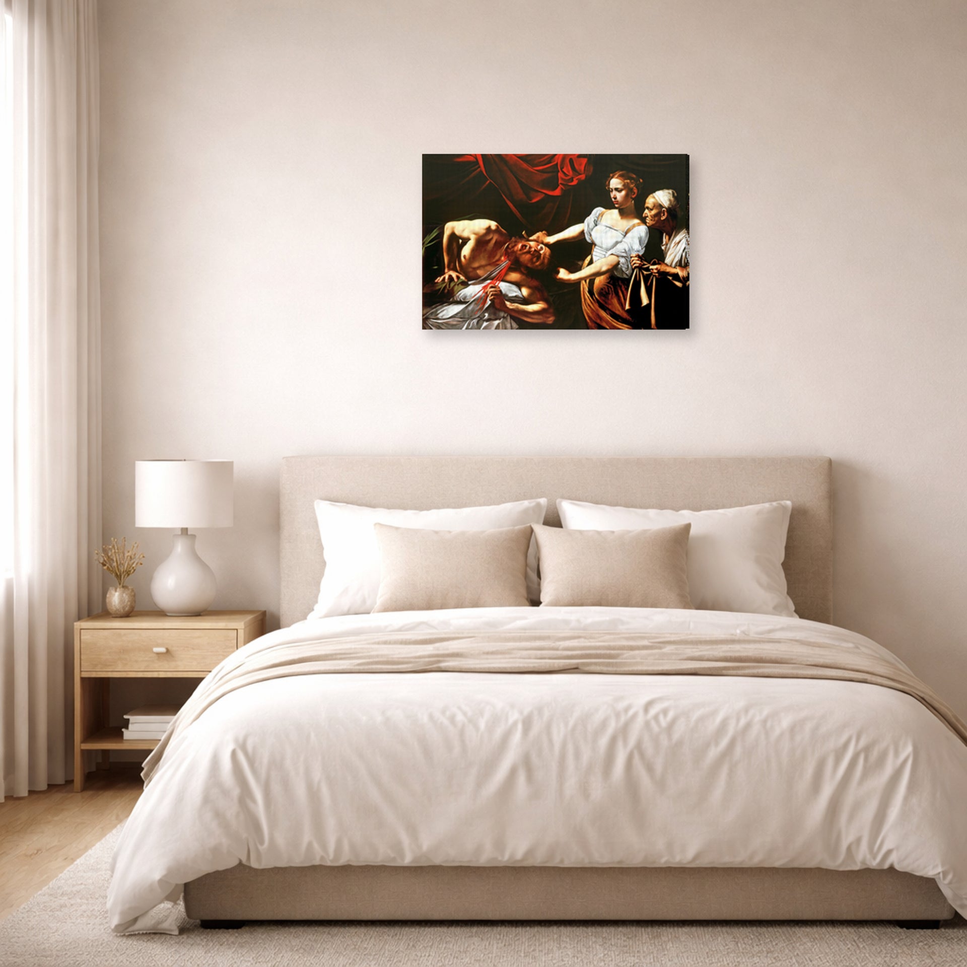 Gallery-wrapped canvas print of Caravaggio's 'Judith Beheading Holofernes' displayed on a wall in a bedroom