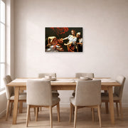 Gallery-wrapped canvas print of Caravaggio's 'Judith Beheading Holofernes' displayed on a wall in a dining room