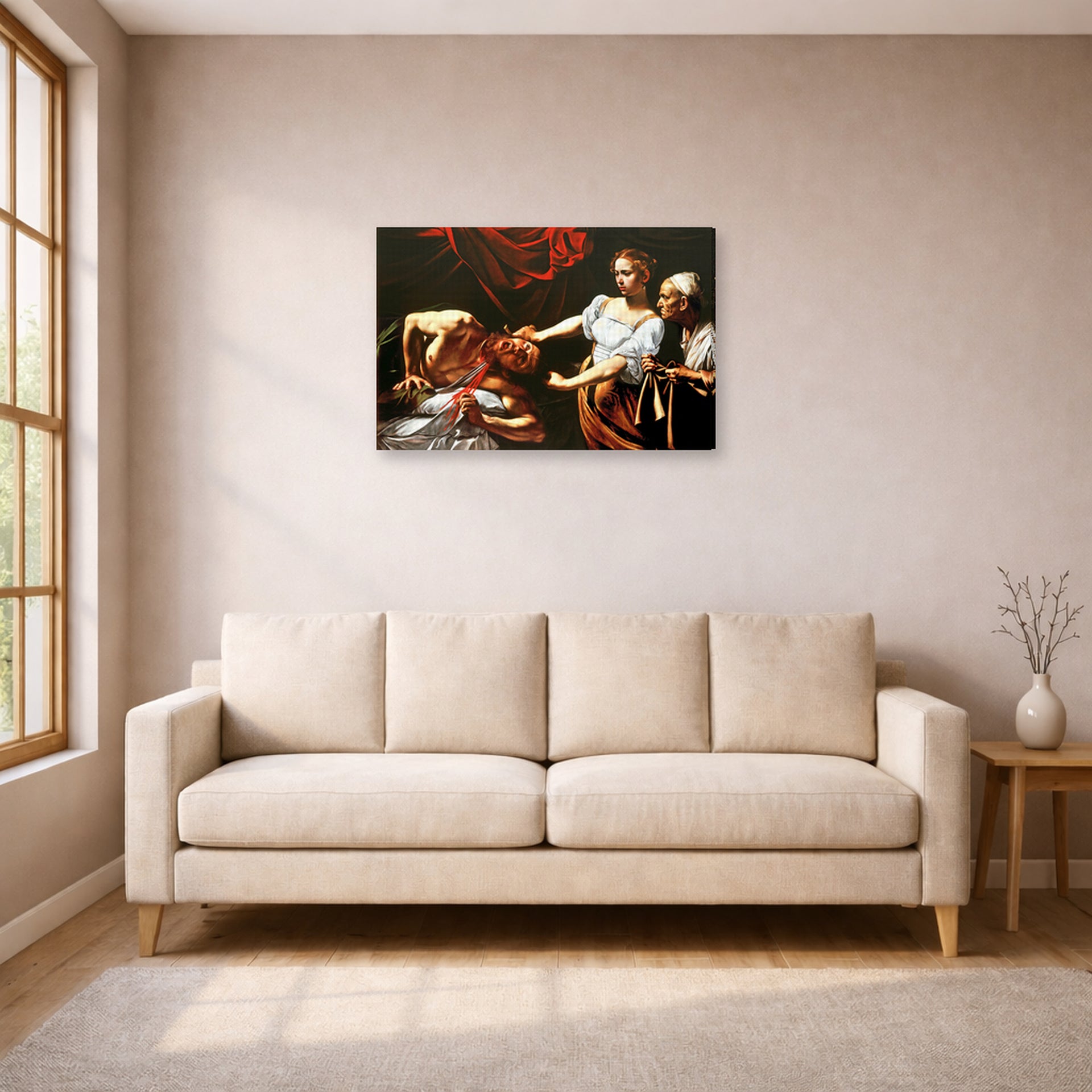 Gallery-wrapped canvas print of Caravaggio's 'Judith Beheading Holofernes' displayed on a wall in a living room