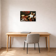 Gallery-wrapped canvas print of Caravaggio's 'Judith Beheading Holofernes' displayed on a wall in an office