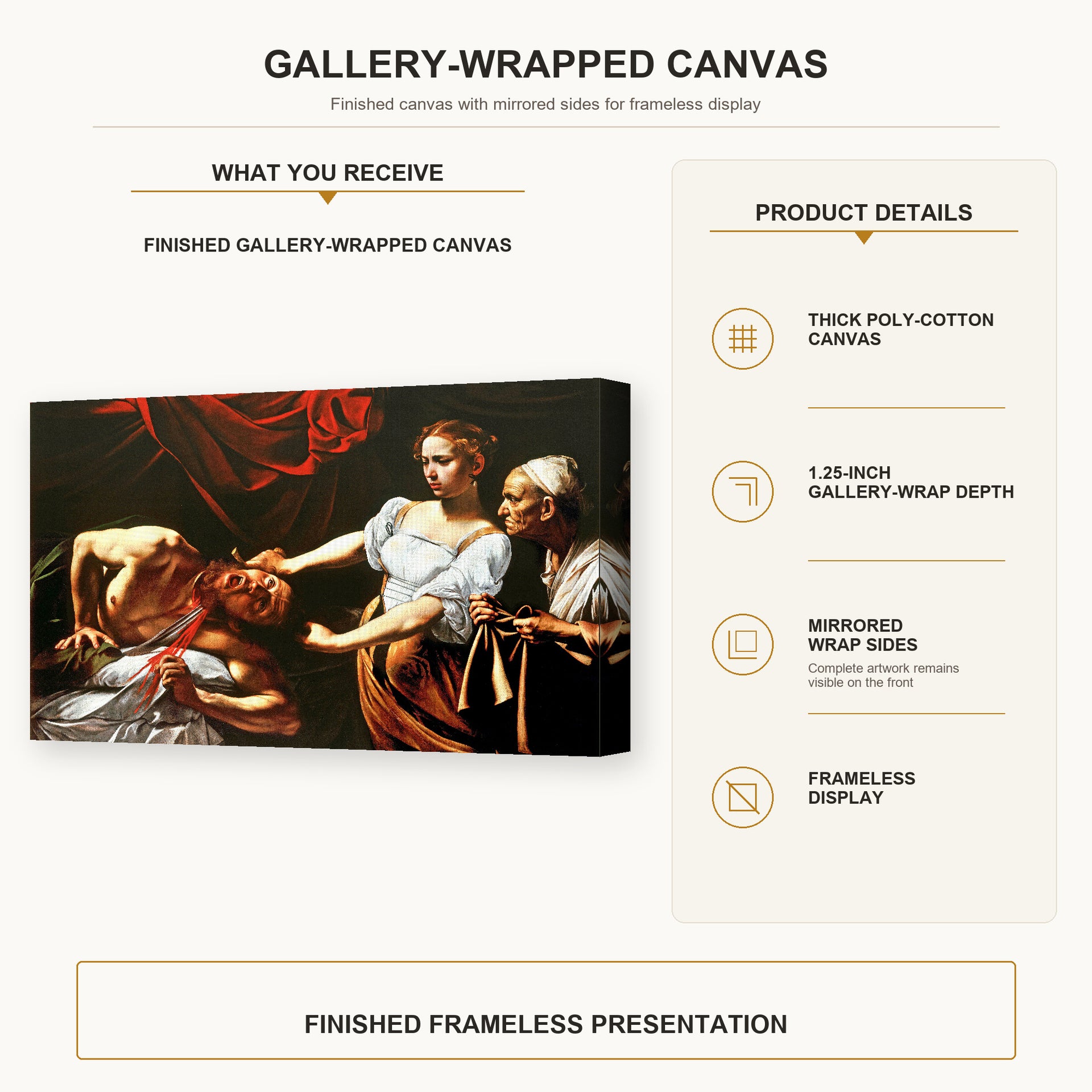 Caravaggio - Judith Beheading Holofernes gallery wrap canvas construction and hanging details infographic