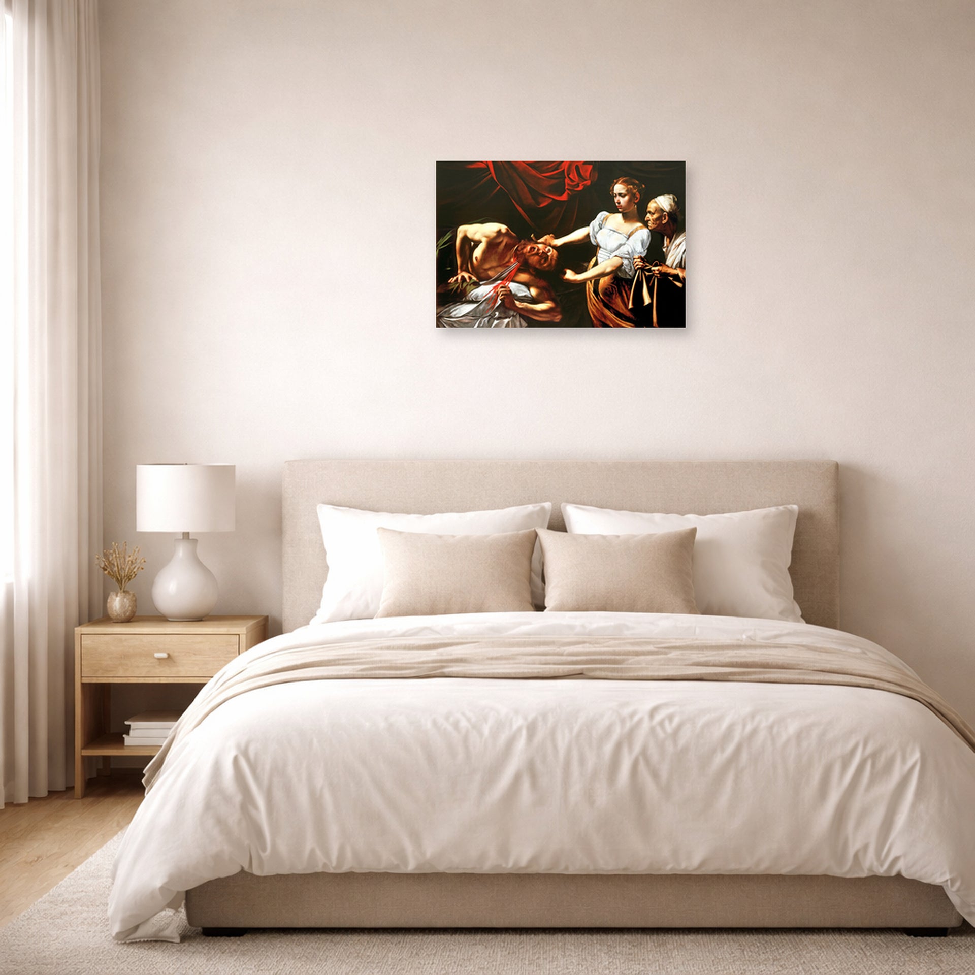 Unframed poster print of Caravaggio's 'Judith Beheading Holofernes' displayed on a wall in a bedroom