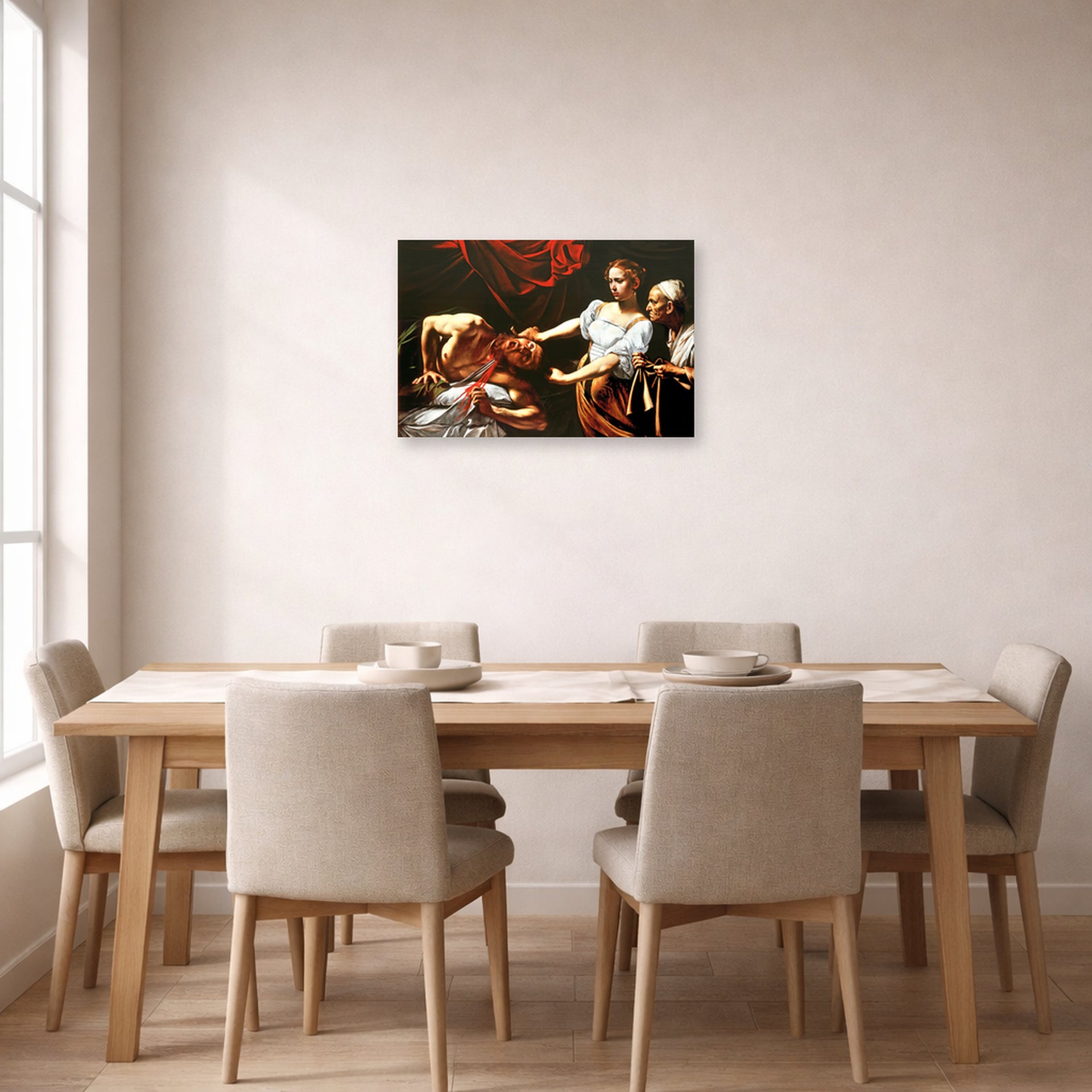 Unframed poster print of Caravaggio's 'Judith Beheading Holofernes' displayed on a wall in a dining room