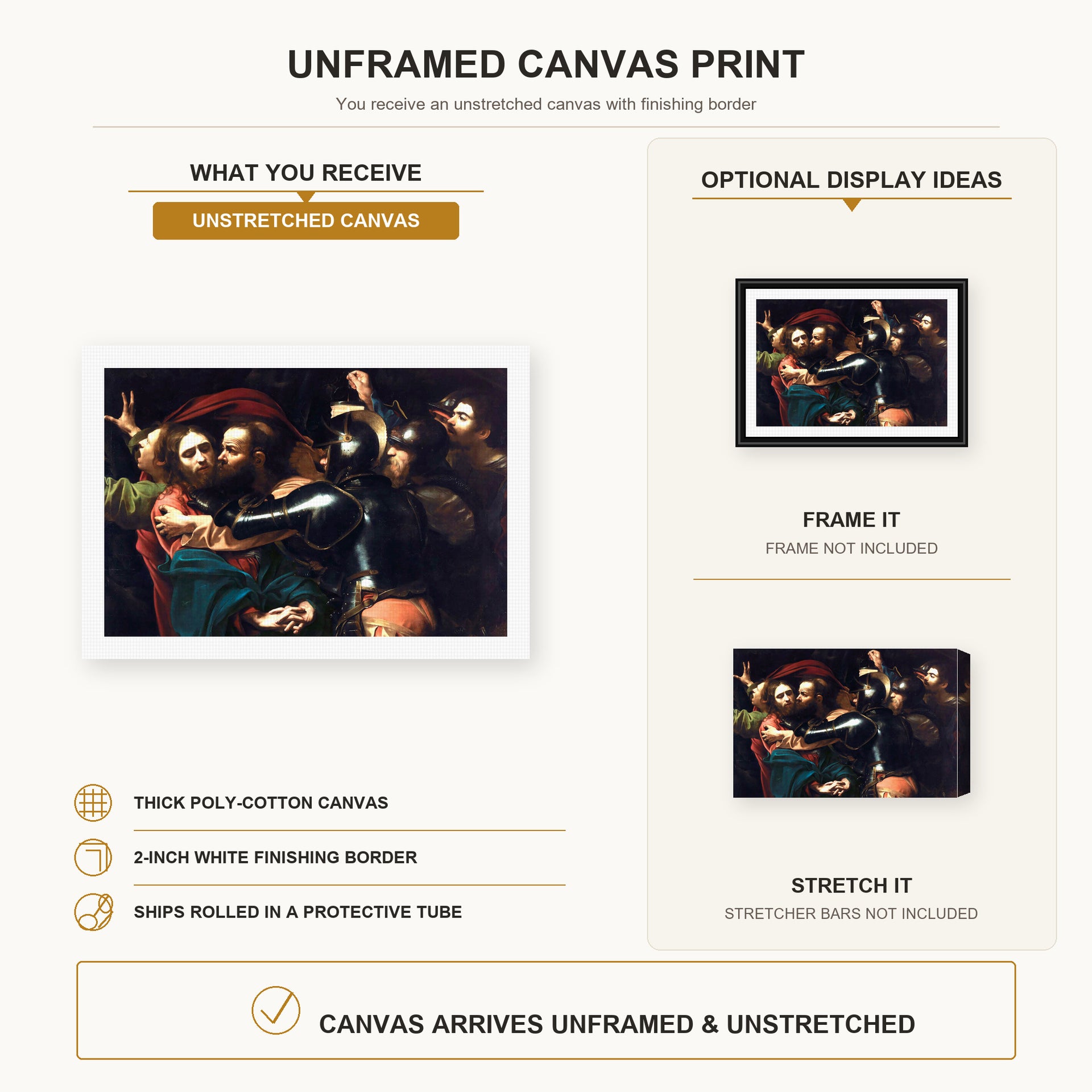 Caravaggio - Kiss of Judas canvas print size comparison and framing display infographic