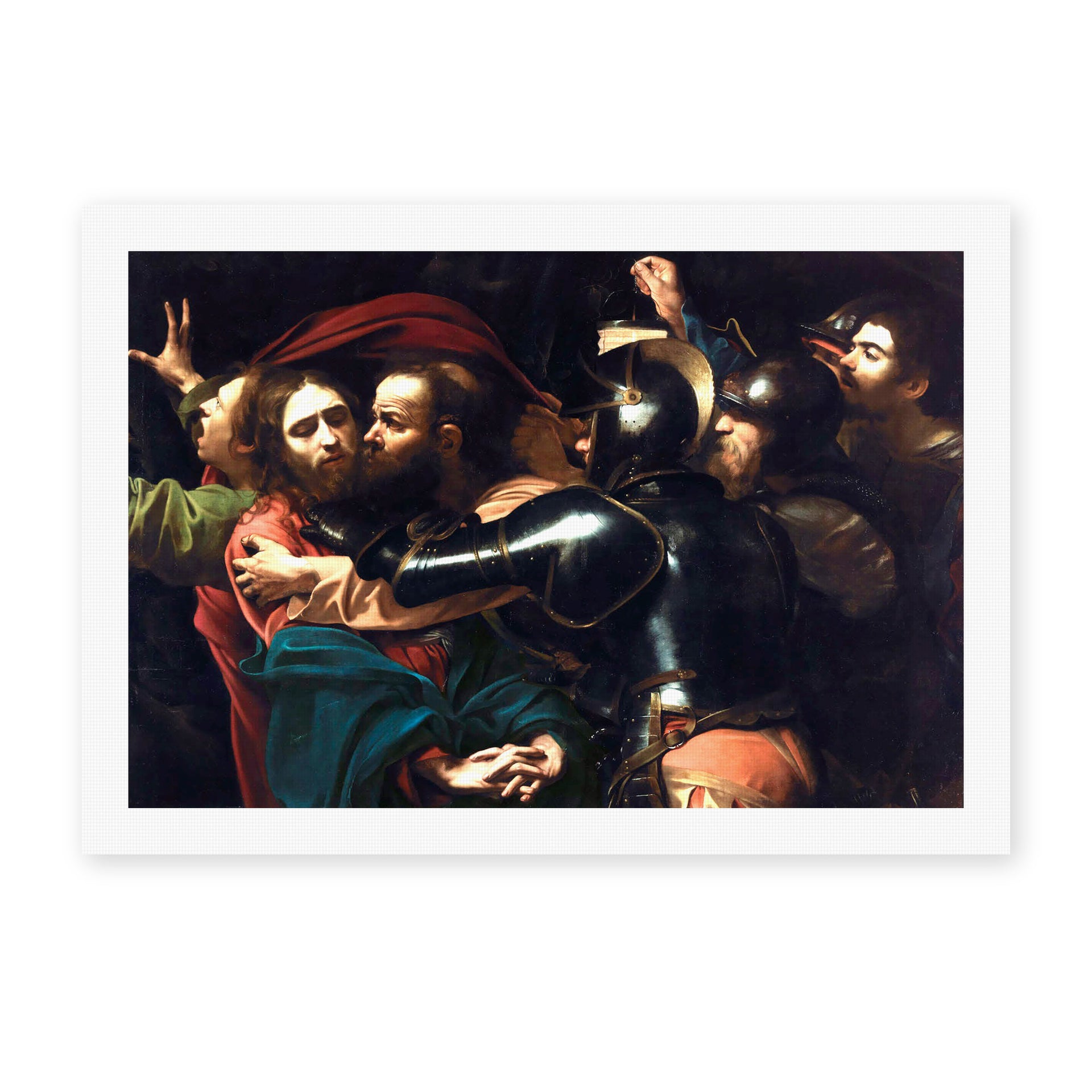 Caravaggio's 'Kiss of Judas' painting reproduced as a rolled canvas print