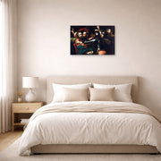 Gallery-wrapped canvas print of Caravaggio's 'Kiss of Judas' displayed on a wall in a bedroom