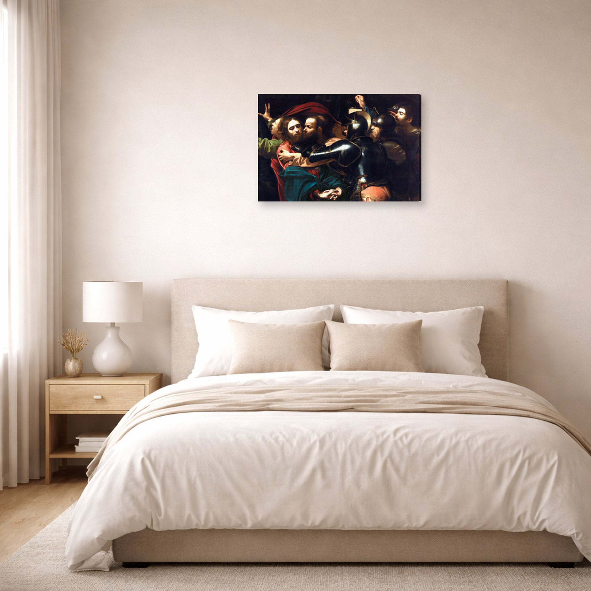 Gallery-wrapped canvas print of Caravaggio's 'Kiss of Judas' displayed on a wall in a bedroom