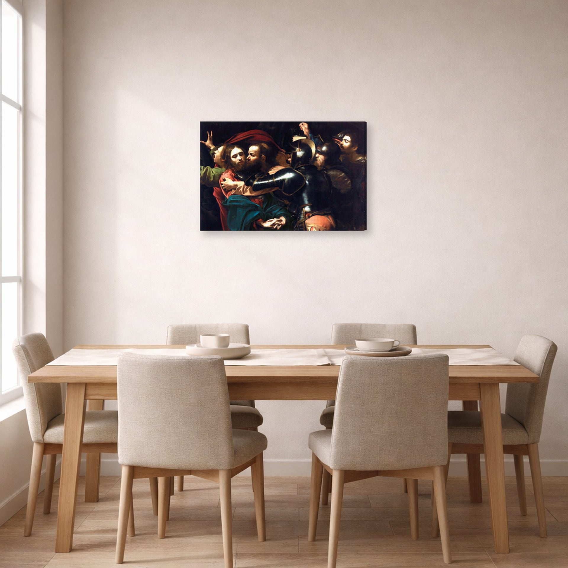 Gallery-wrapped canvas print of Caravaggio's 'Kiss of Judas' displayed on a wall in a dining room