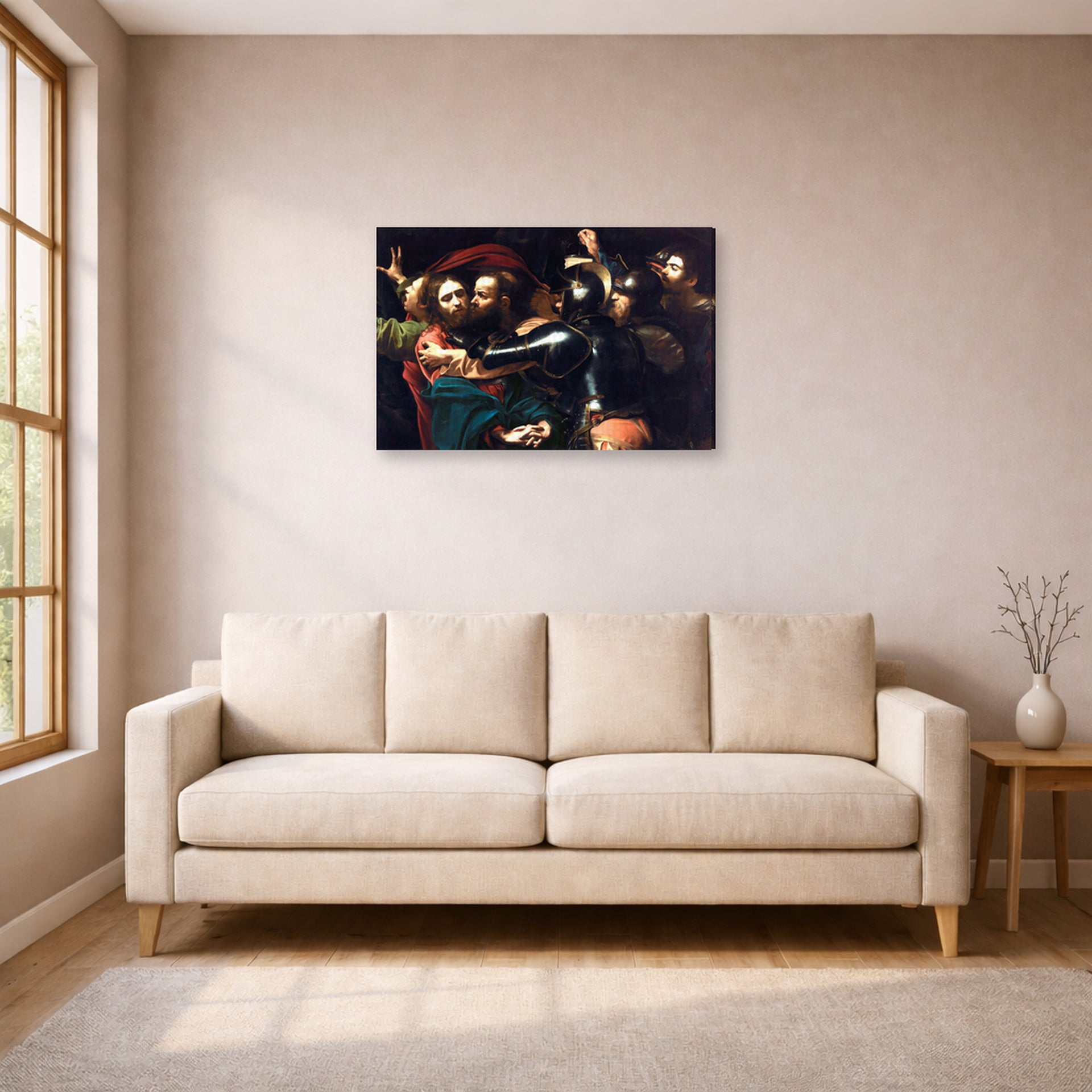 Gallery-wrapped canvas print of Caravaggio's 'Kiss of Judas' displayed on a wall in a living room