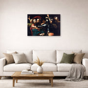 Gallery-wrapped canvas print of Caravaggio's 'Kiss of Judas' displayed on a wall in a living room