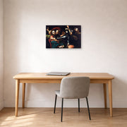 Gallery-wrapped canvas print of Caravaggio's 'Kiss of Judas' displayed on a wall in an office