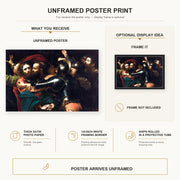 Caravaggio - Kiss of Judas poster print size comparison and framing display infographic