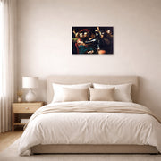 Unframed poster print of Caravaggio's 'Kiss of Judas' displayed on a wall in a bedroom