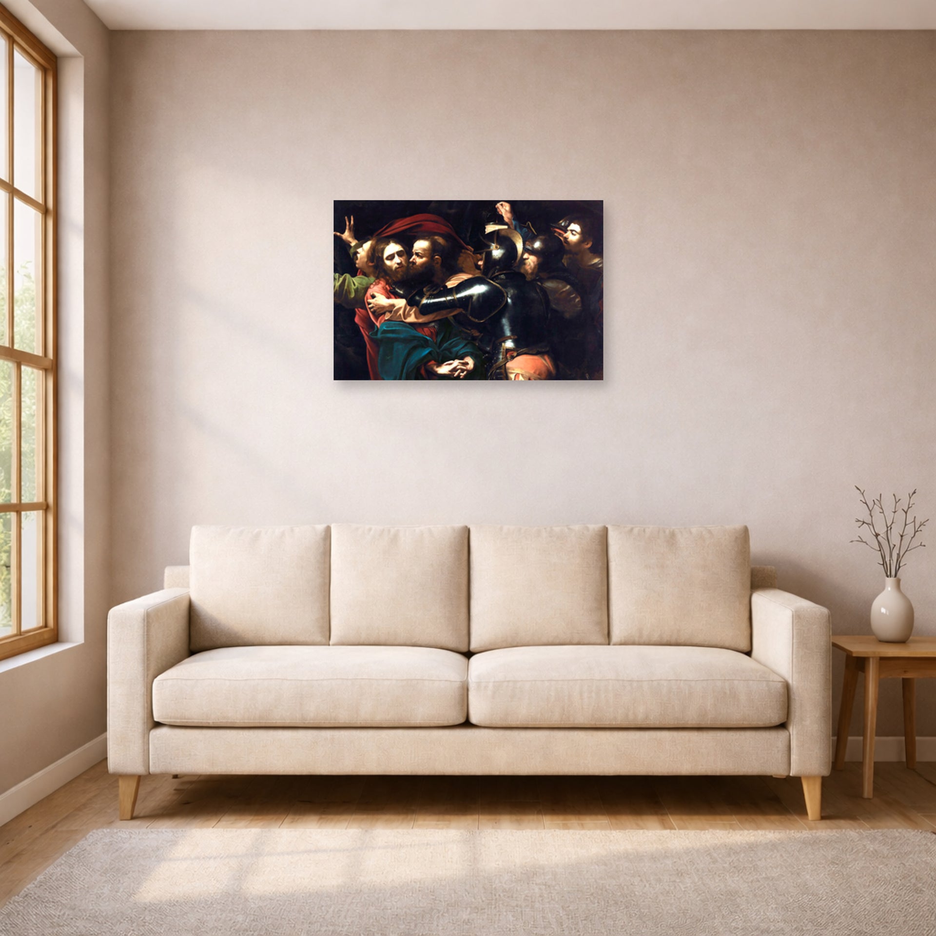Unframed poster print of Caravaggio's 'Kiss of Judas' displayed on a wall in a living room