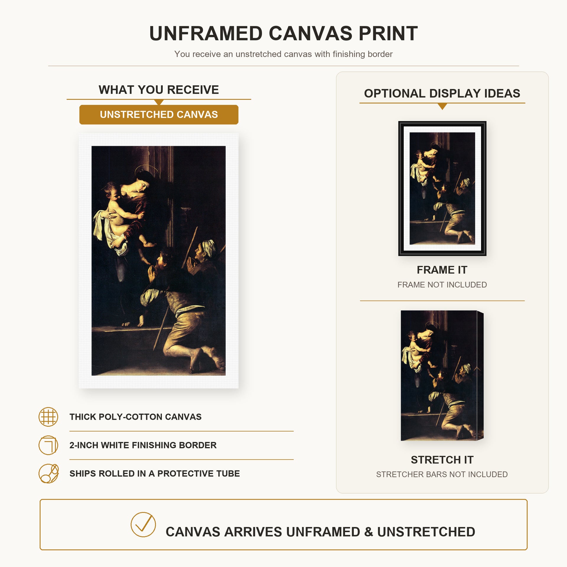 Caravaggio - Madonna Di Loretto canvas print size comparison and framing display infographic