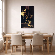 Gallery-wrapped canvas print of Caravaggio's 'Madonna Di Loretto' displayed on a wall in a dining room