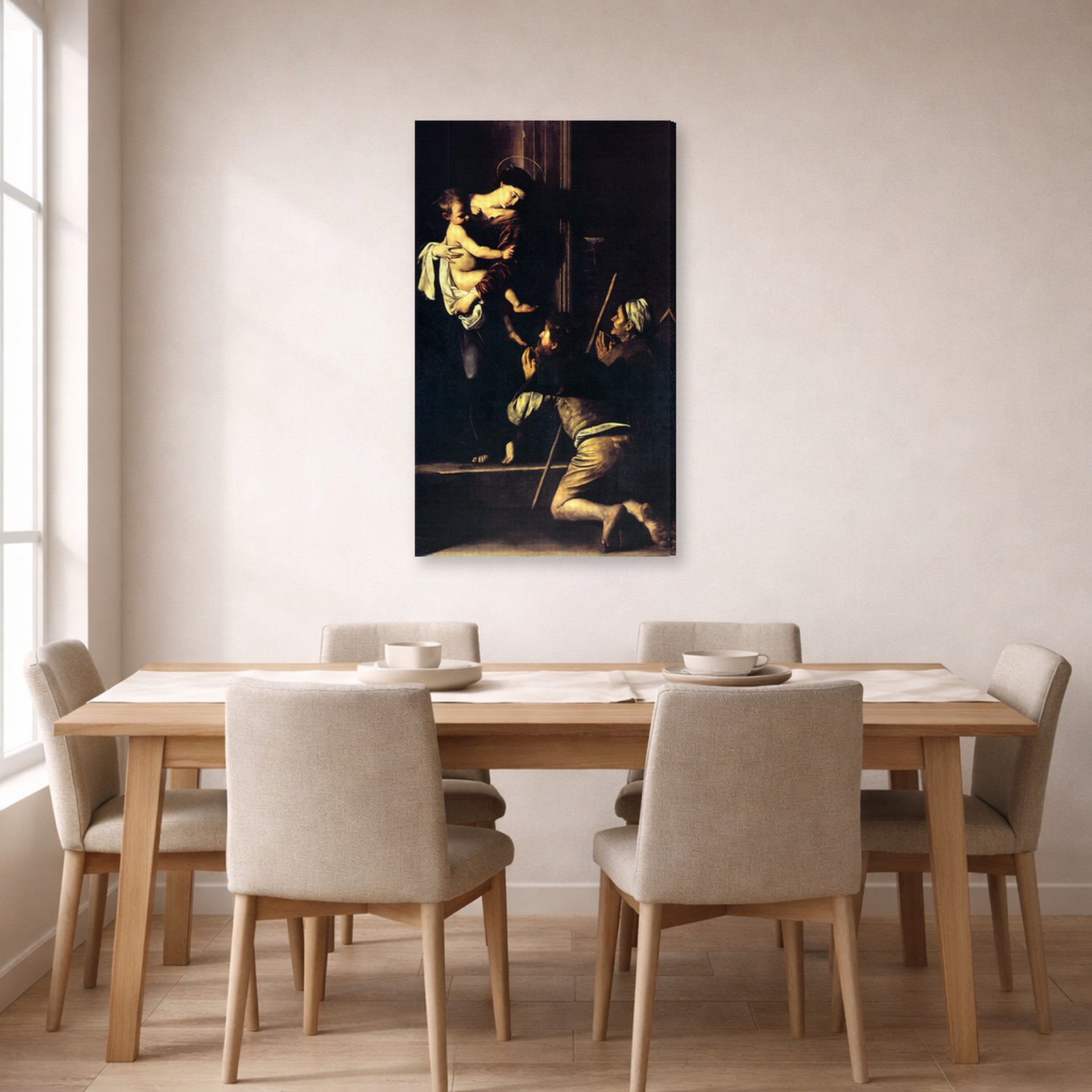 Gallery-wrapped canvas print of Caravaggio's 'Madonna Di Loretto' displayed on a wall in a dining room