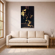 Gallery-wrapped canvas print of Caravaggio's 'Madonna Di Loretto' displayed on a wall in a living room