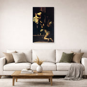 Gallery-wrapped canvas print of Caravaggio's 'Madonna Di Loretto' displayed on a wall in a living room