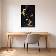 Gallery-wrapped canvas print of Caravaggio's 'Madonna Di Loretto' displayed on a wall in an office
