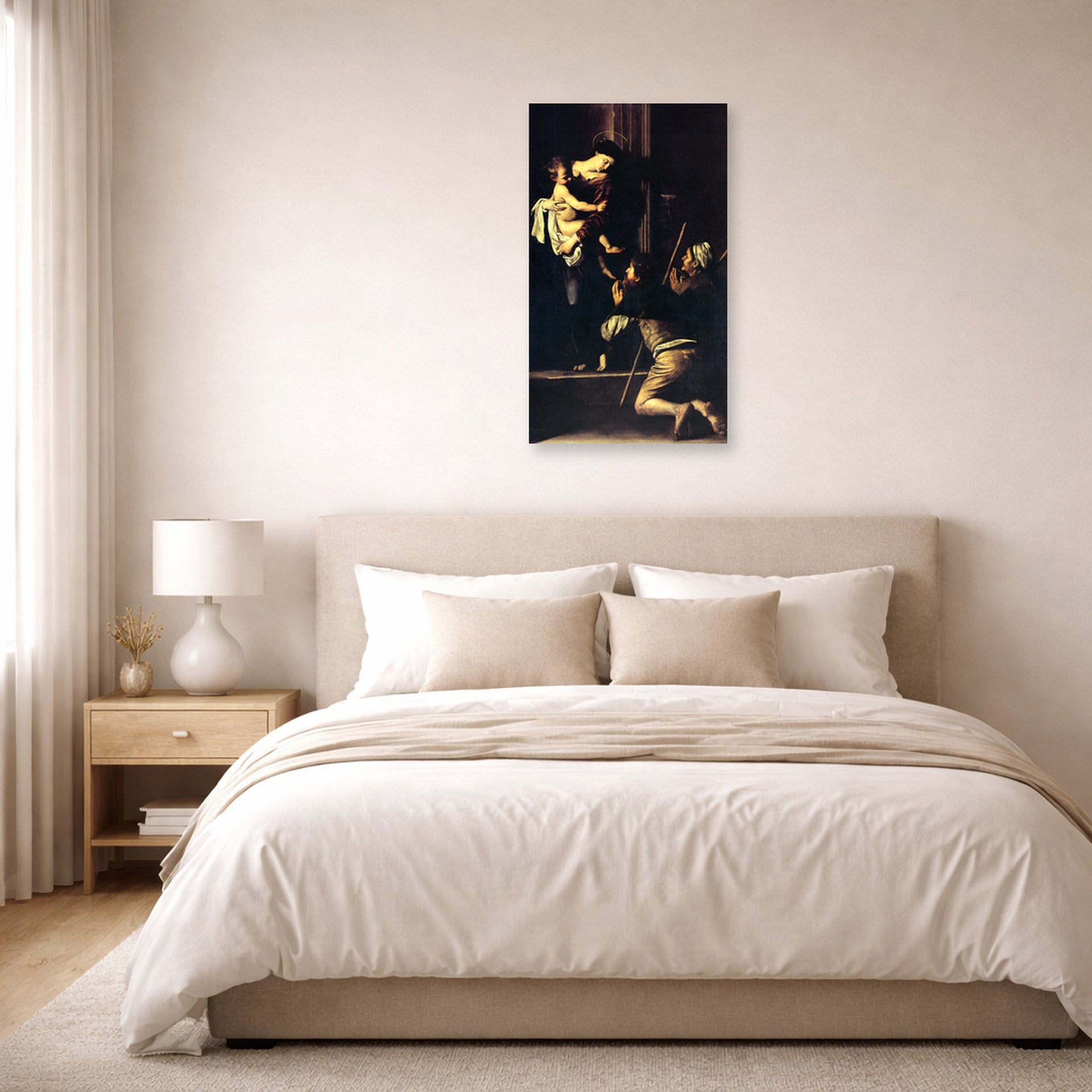 Unframed poster print of Caravaggio's 'Madonna Di Loretto' displayed on a wall in a bedroom