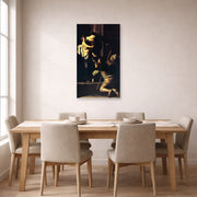 Unframed poster print of Caravaggio's 'Madonna Di Loretto' displayed on a wall in a dining room