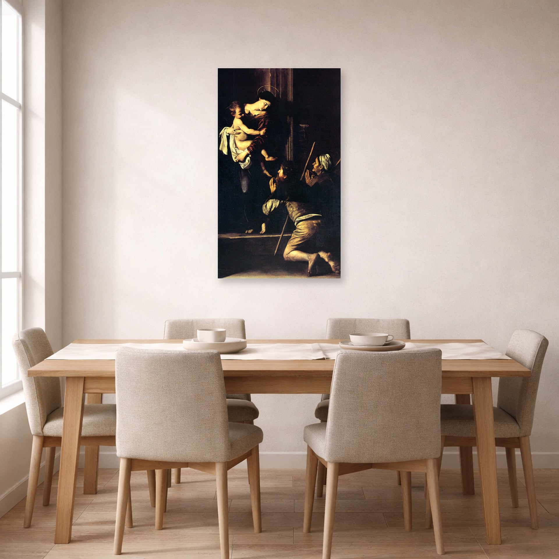 Unframed poster print of Caravaggio's 'Madonna Di Loretto' displayed on a wall in a dining room