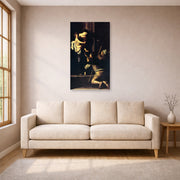 Unframed poster print of Caravaggio's 'Madonna Di Loretto' displayed on a wall in a living room