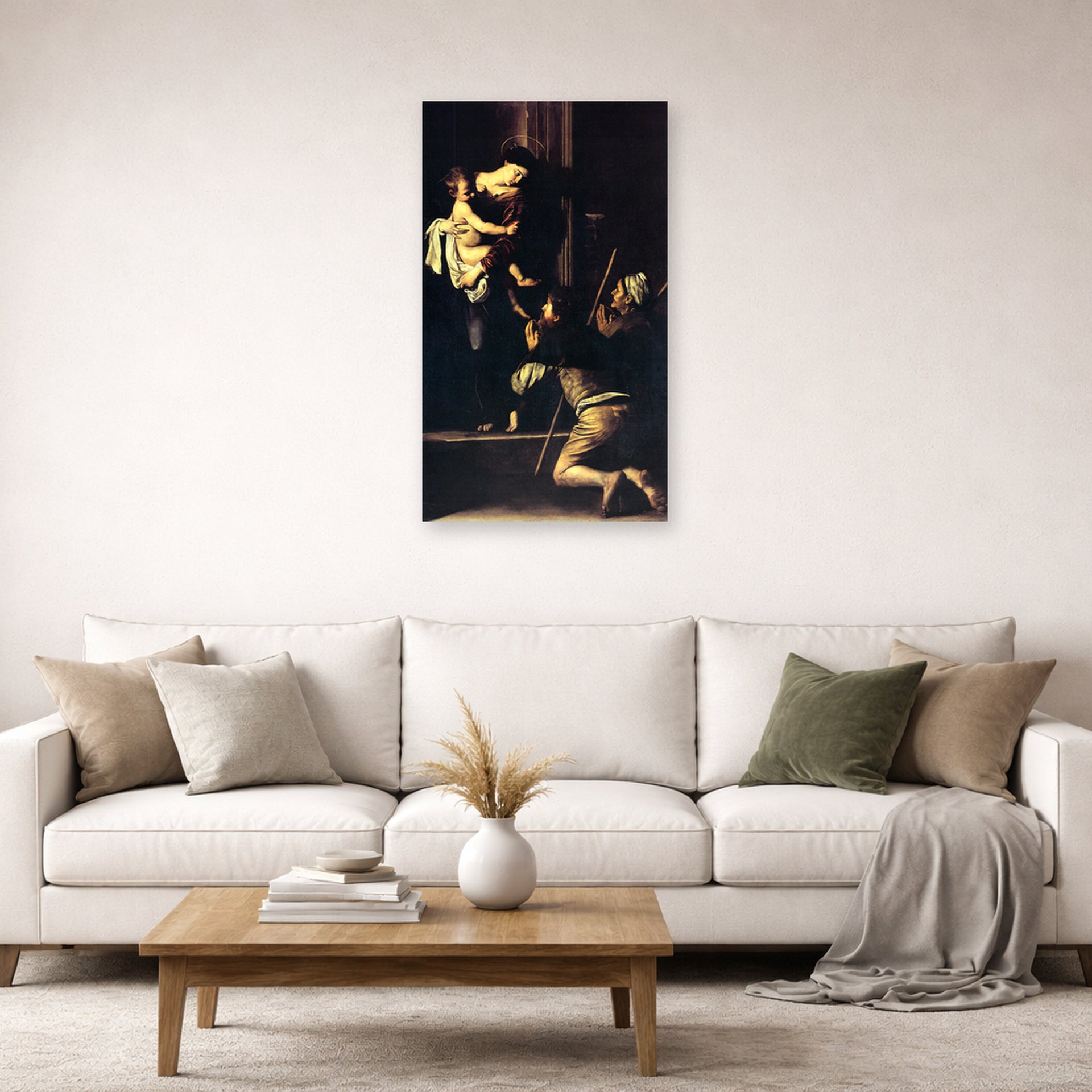Unframed poster print of Caravaggio's 'Madonna Di Loretto' displayed on a wall in a living room
