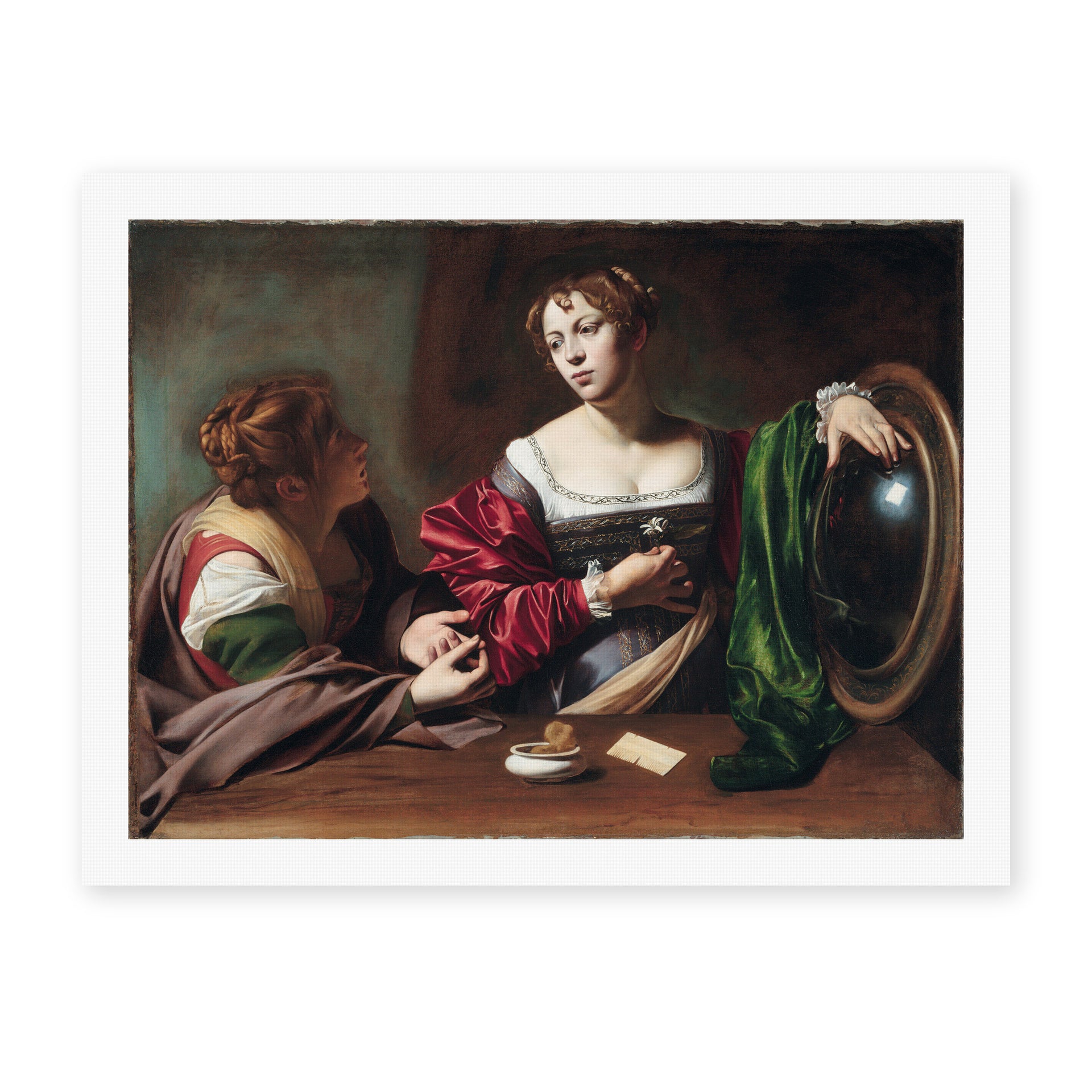 Caravaggio's 'Martha & Marry Magdalene' painting reproduced as a rolled canvas print