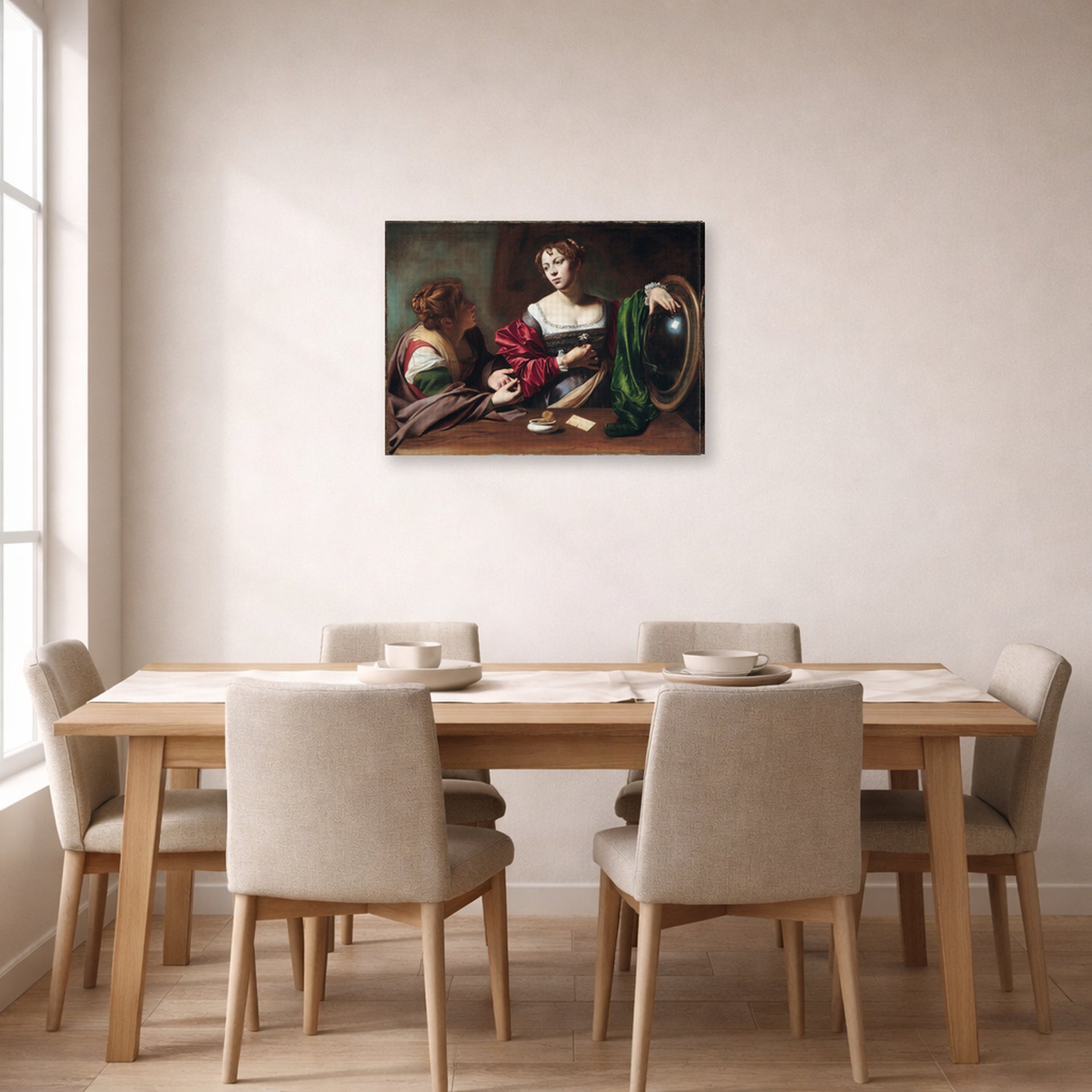 Gallery-wrapped canvas print of Caravaggio's 'Martha & Marry Magdalene' displayed on a wall in a dining room