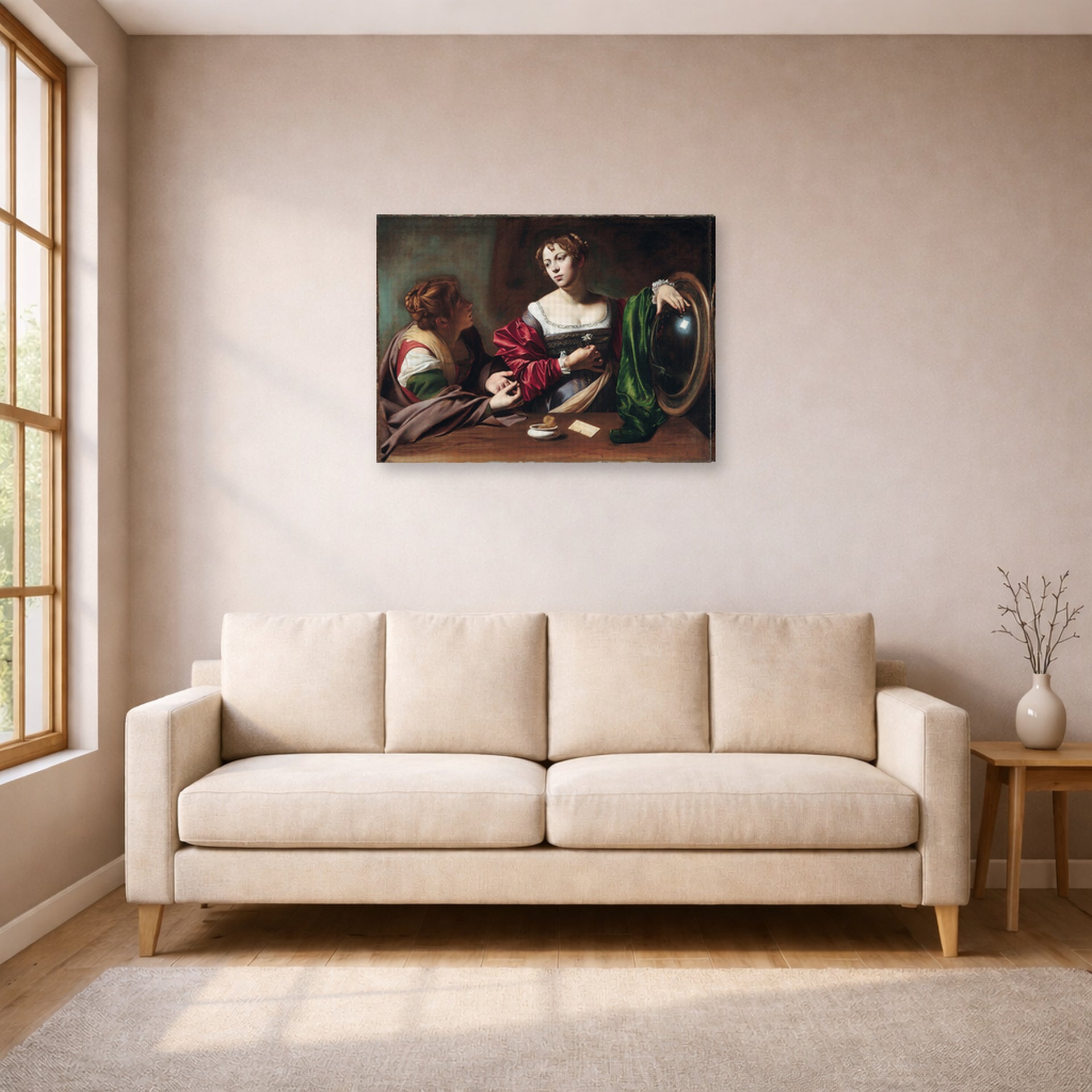 Gallery-wrapped canvas print of Caravaggio's 'Martha & Marry Magdalene' displayed on a wall in a living room