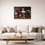 Gallery-wrapped canvas print of Caravaggio's 'Martha & Marry Magdalene' displayed on a wall in a living room