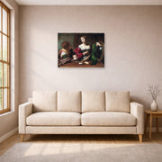 Unframed poster print of Caravaggio's 'Martha & Marry Magdalene' displayed on a wall in a living room
