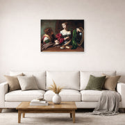 Unframed poster print of Caravaggio's 'Martha & Marry Magdalene' displayed on a wall in a living room