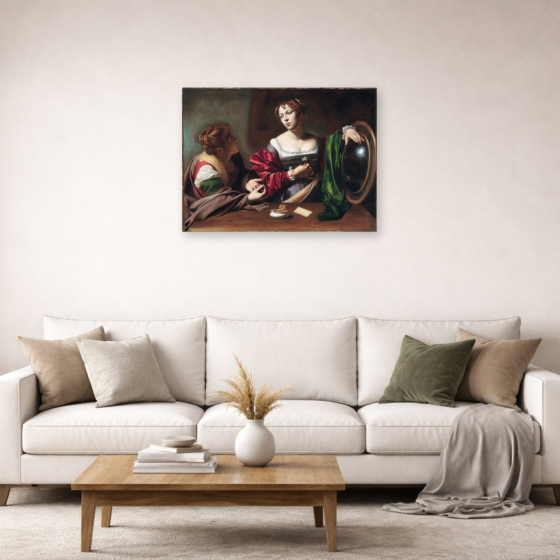 Unframed poster print of Caravaggio's 'Martha & Marry Magdalene' displayed on a wall in a living room